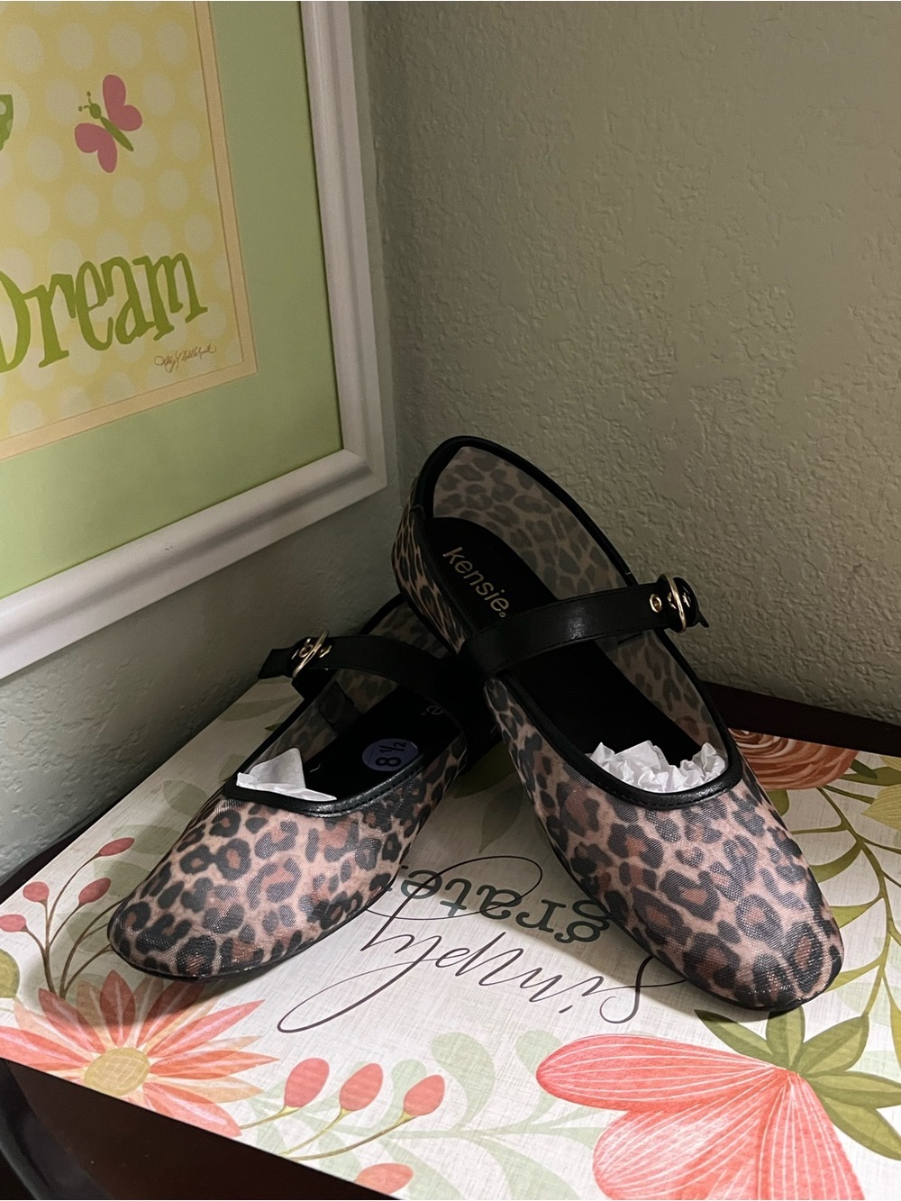 Kensie Leopard-Print Mary Jane Flats with Black Strap 8.5